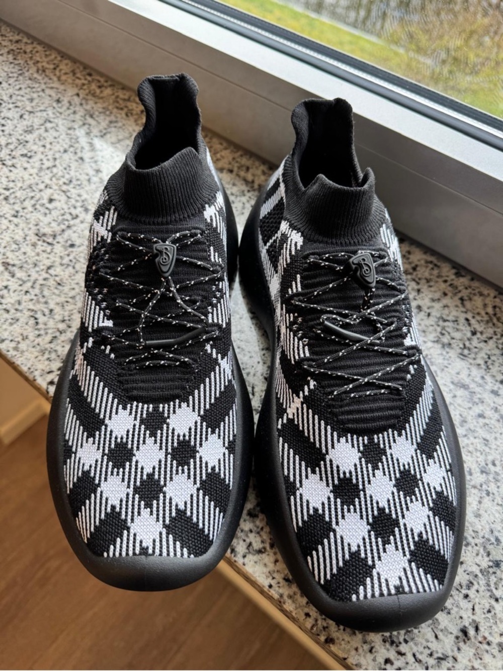 Burberry Black and White Check Knit Slip-On Sneakers